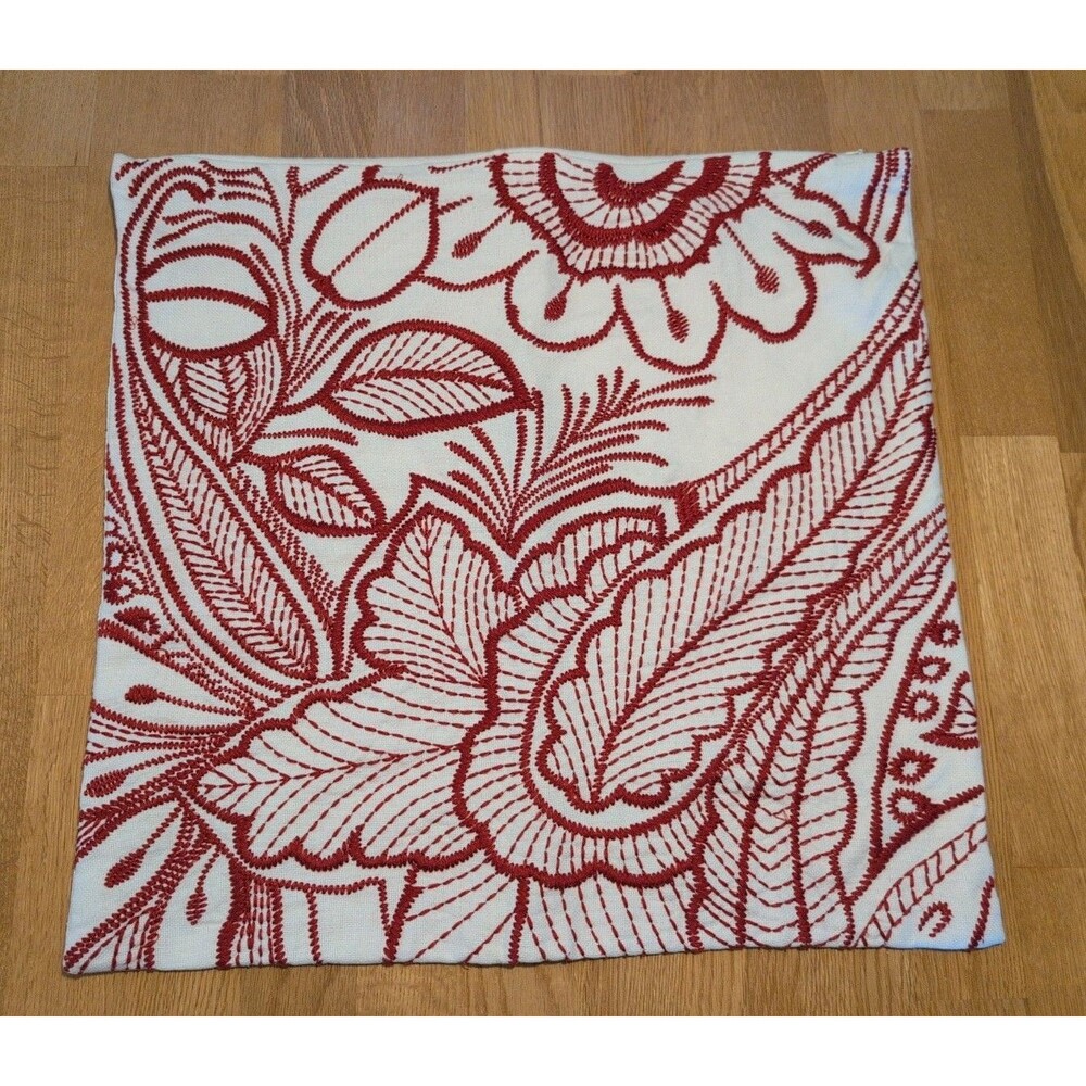 Pottery Barn Embroidered Red Floral Linen 20" Pillow Cover Cottage Core